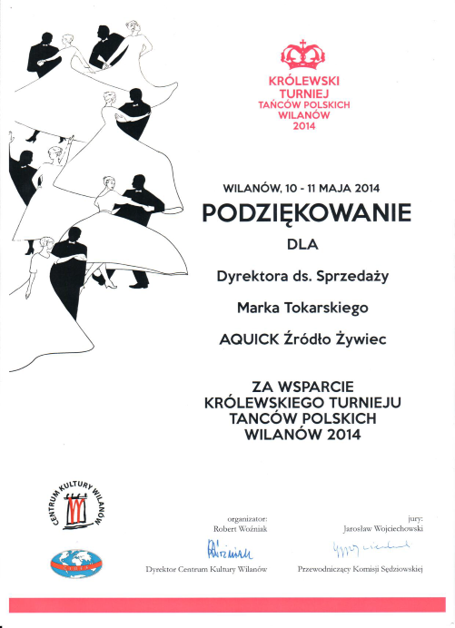 Podziękowanie Królewski Turniej Tańców Polskich